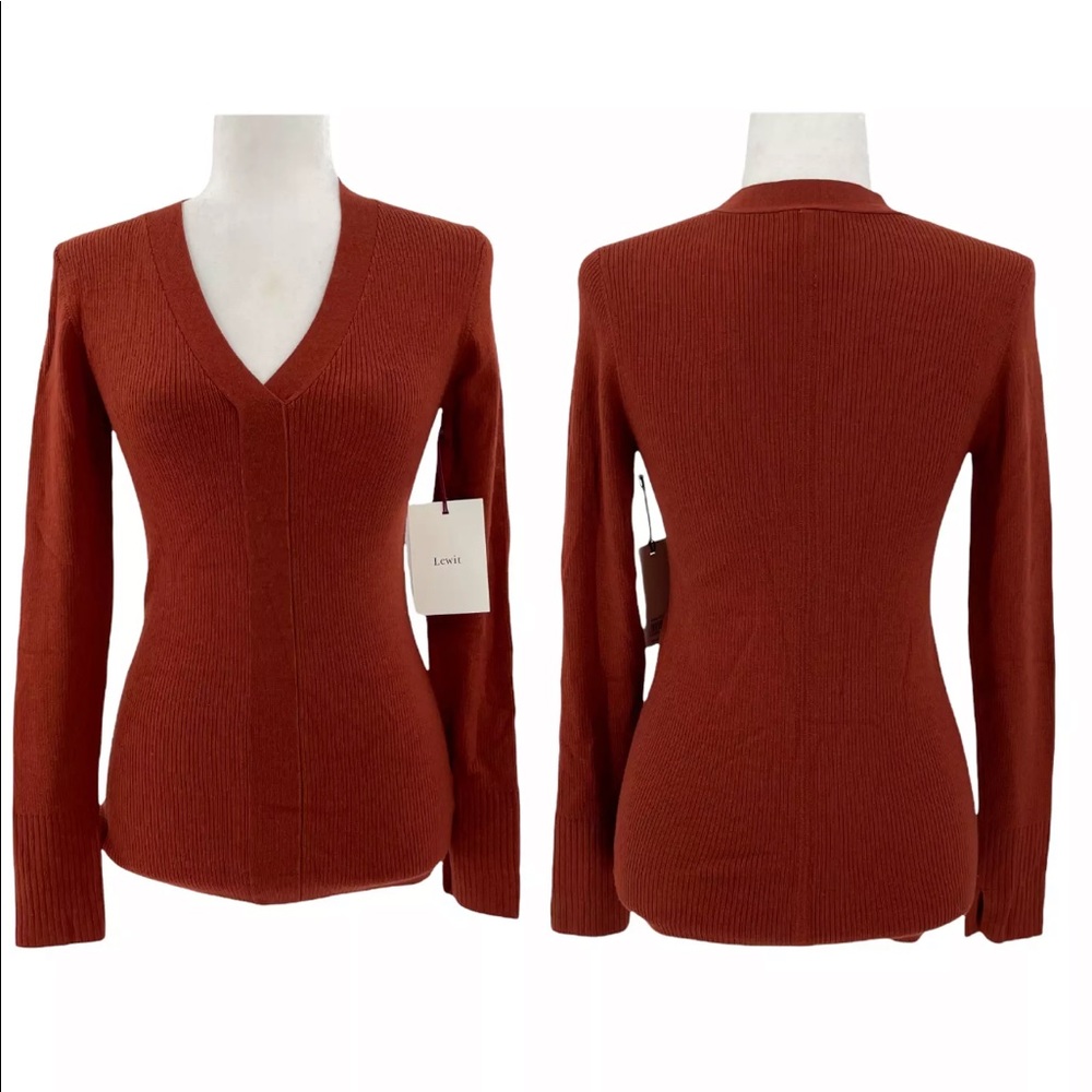 Lewit Ribbed Knit Wool Silk Blend V Neck Rust Henna Sweater Top Small $199